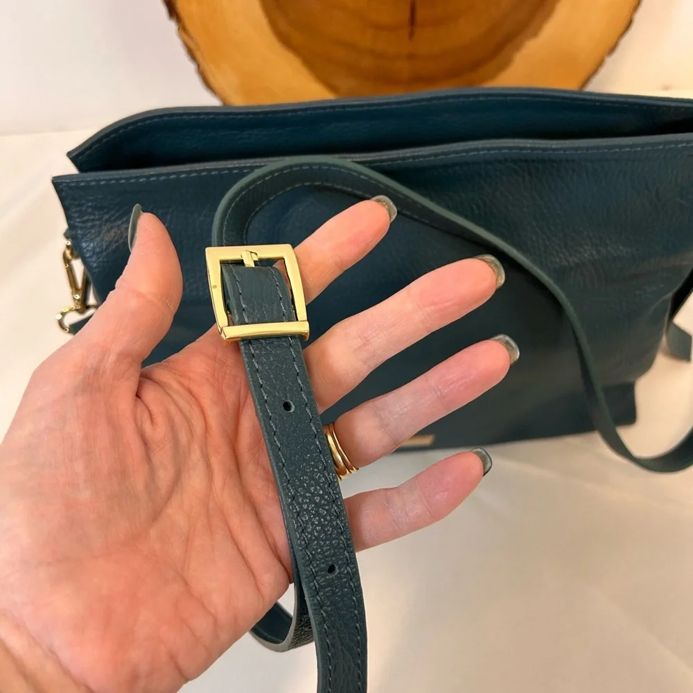 Viola Castellani Italian Genuine Leather Handbag Forest Green Gold Tone Hardware - Picture 4 of 12